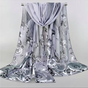 Chiffon Imitation Silk Grey Floral Scarf Wrap